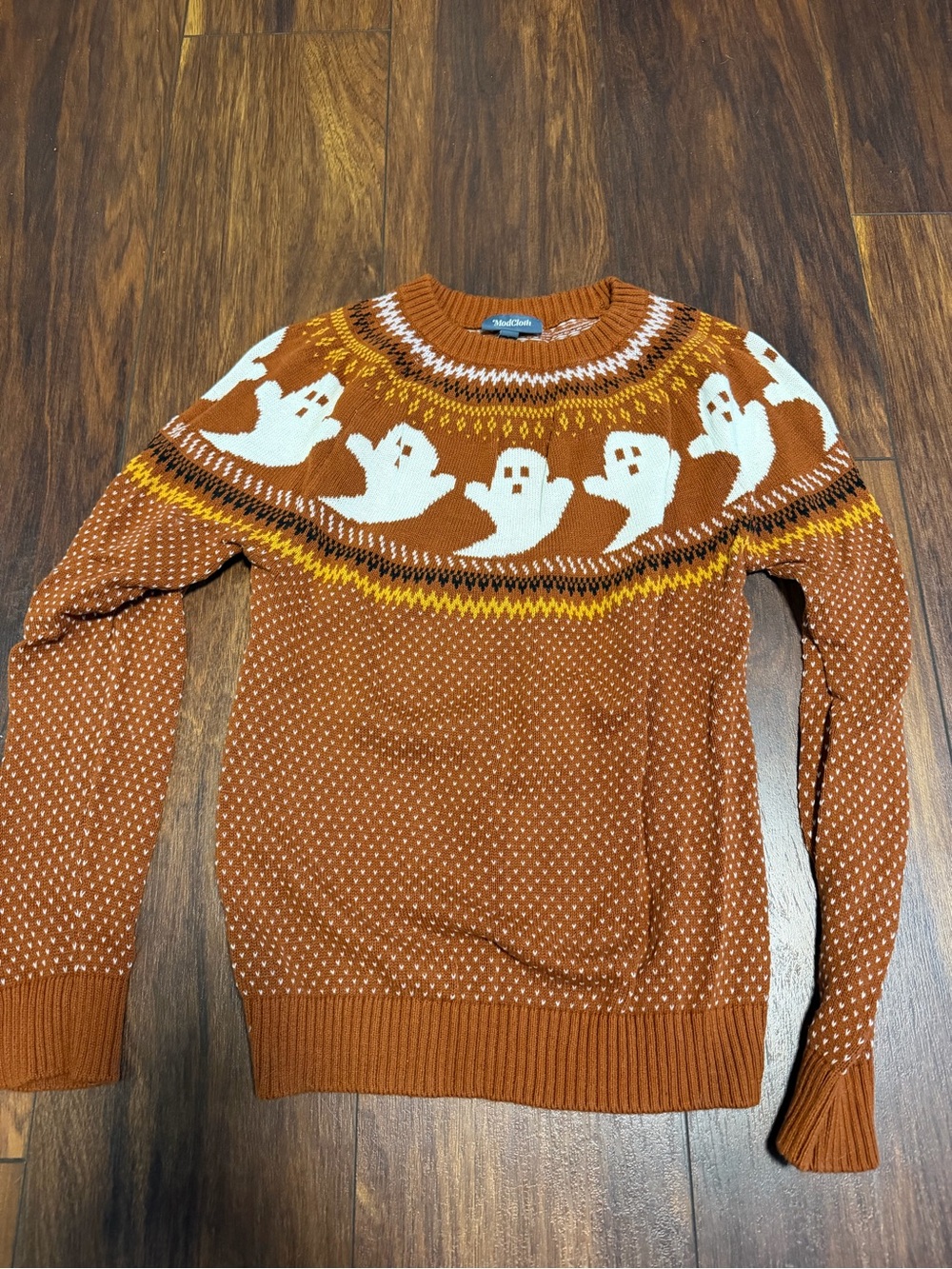 Modcloth Rust Brown Crewneck Sweater with White Ghost Yoke